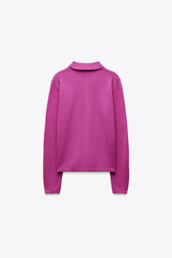 ZARA ОДНОТОННЫЙ СВИТЕР ИЗ 100% ШЕРСТИ С ВОРОТНИКОМ ПОЛО, ЦВЕТ ФУКСИИ
