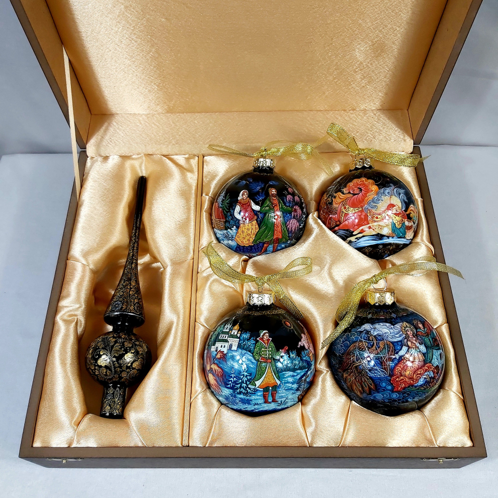 Сувенирный набор из 4-х новогодних шаров и верхушки с ручной росписью Палех "Сказки"