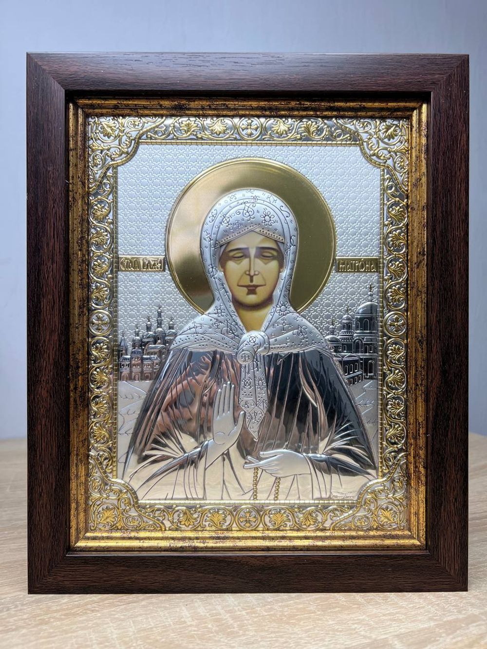 Матрона, икона прямоугольная в рамке под стеклом, красное дерево 232х280