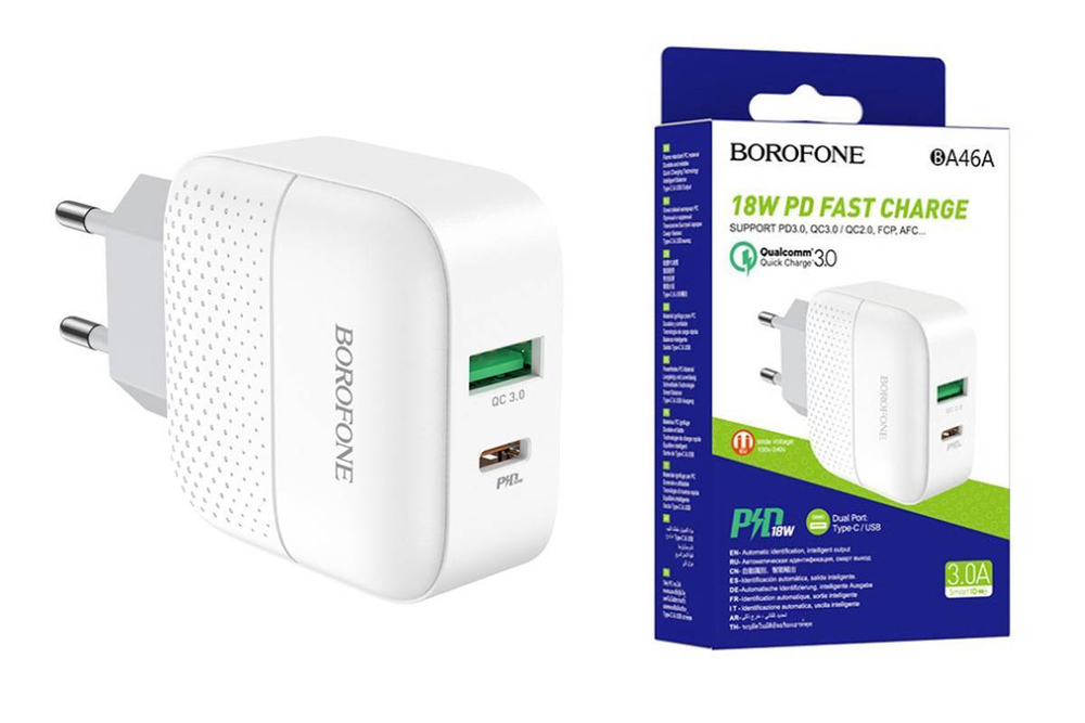 Сетевая зарядка с поддержкой быстрой зарядки PD+QC3.0 3А 18Вт USB-C BOROFONE BA46A