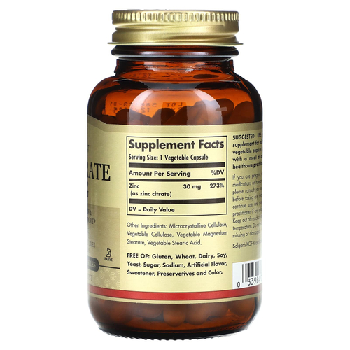 Solgar, Цитрат цинка, 30 мг, 100 вегетарианских капсул
