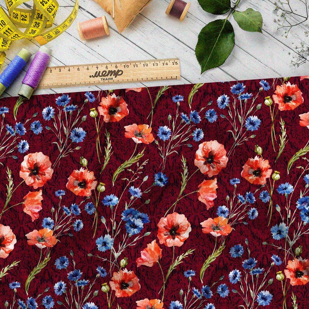 Ткань шелк Армани маки и васильки на бордовом фоне