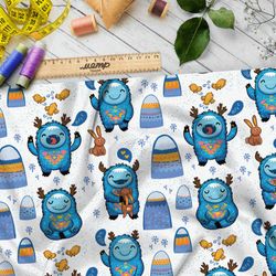 Ткань таффета пушистые олени и зайки у синих сугробов