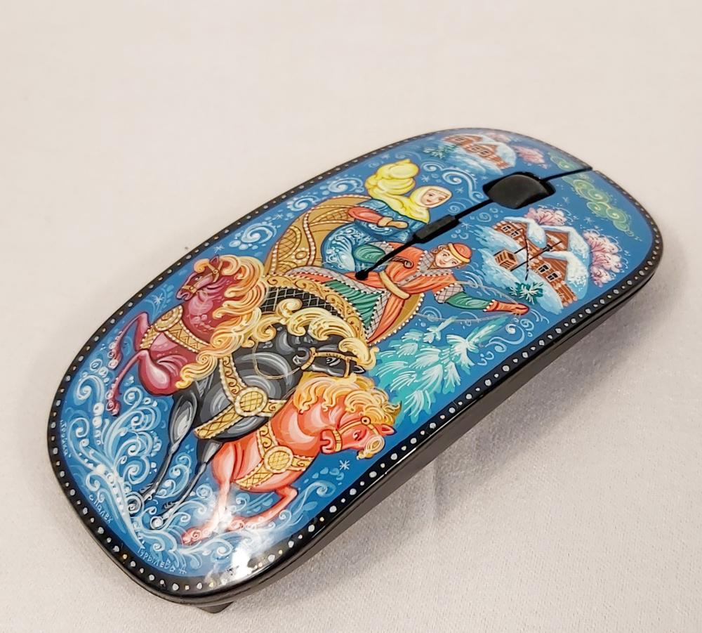 Мышь беспроводная, с ручной росписью Палех "Тройка" N5