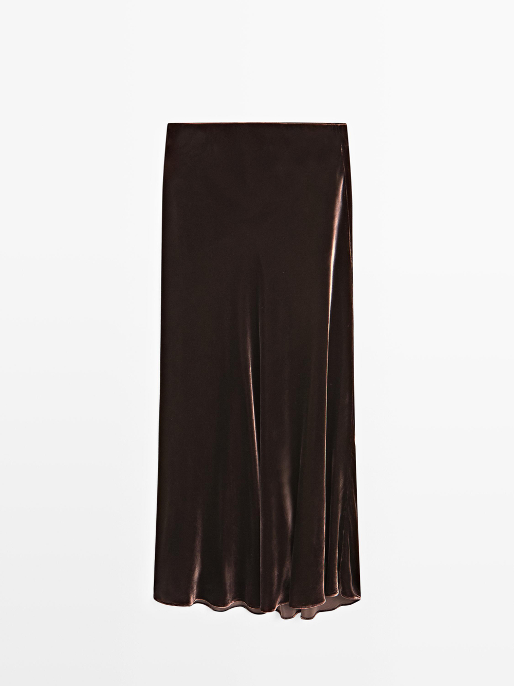 Massimo Dutti Длинная расклешенная юбка из бархата, коричневый