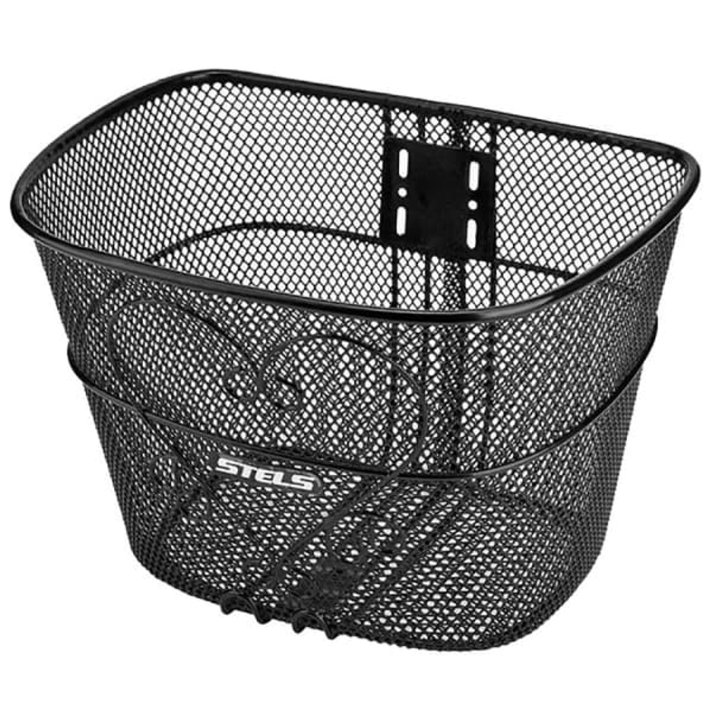 Велокорзина JL-072  передняя стальная чёрная с логотипом STELS, размер 34,5х26,5х24 см, стойки для 28" с креплением за ось втулок, арт. 270054