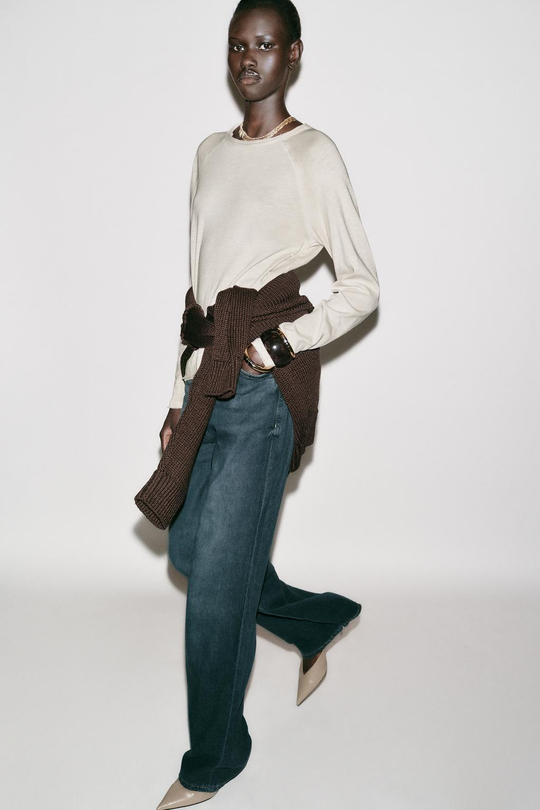 ZARA ФУТБОЛКА С ДЛИННЫМИ РУКАВАМИ, ПЕСОЧНЫЙ