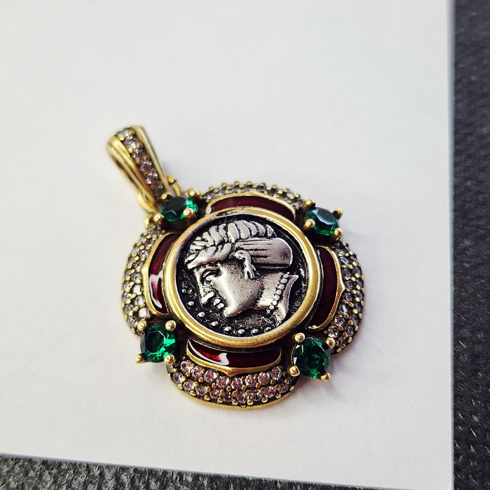 Подвеска, латунь чистая с серебрением, ювелирное стекло, монета, р-р 29 мм, штучно