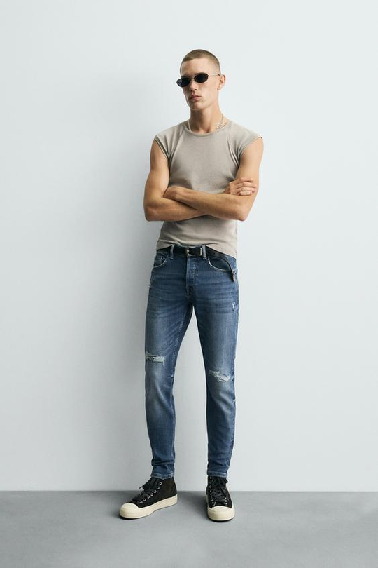 ZARA ДЖИНСЫ SKINNY FIT С РАЗРЕЗАМИ, ВЫЦВЕТШИЙ СИНИЙ