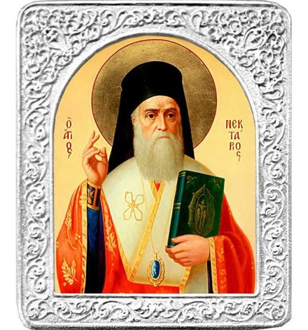 Святитель Нектарий Эгинский Пентапольский. Маленькая посеребренная икона 4,5 х 5,5 см.