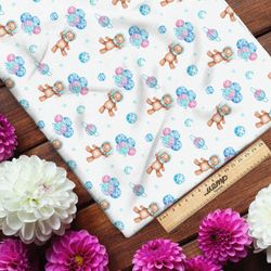 Ткань интерлок мишки-космонавты с воздушными шарами