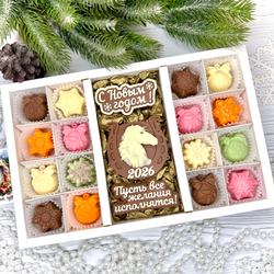 Шоколадный набор "С новым годом. Лошадь 2026. Пусть все желания исполняться": 3 шоколадки и 16 конфет ручной работы