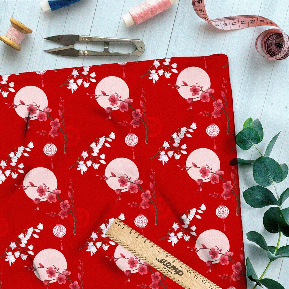 Ткань шифон цветущая сакура на фоне полной луны и красного неба