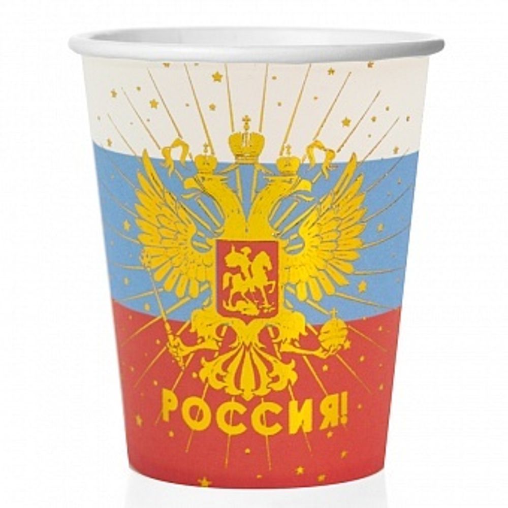 Стаканы (250 мл) Россия! (герб) Триколор Металлик 6 шт.