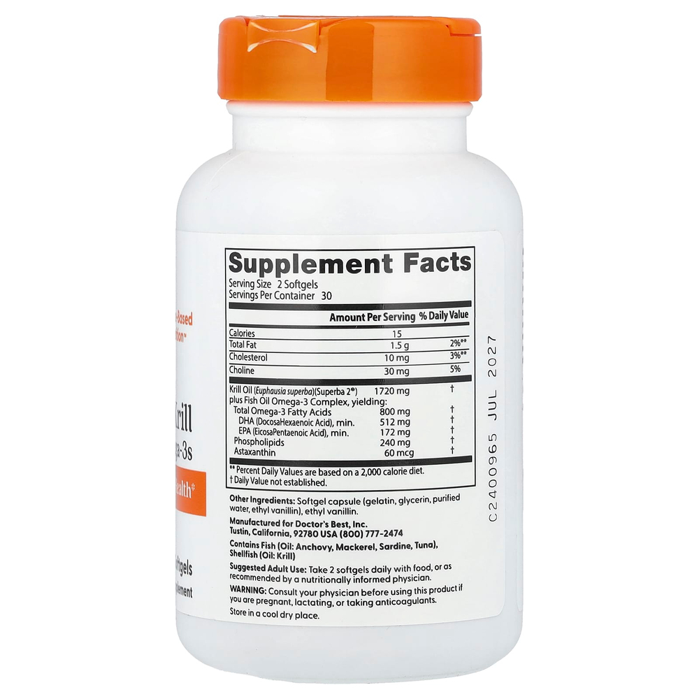 Doctor's Best, обогащенный криль с омега-3 из криля Superba, 60 капсул