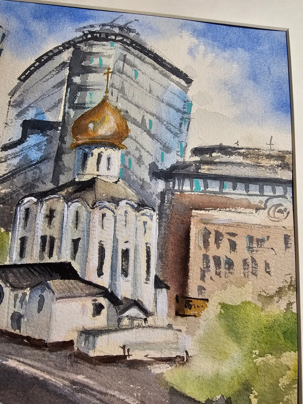 Картина авторская акварельная в паспарту 30х40 см на стену для интерьера "Белая площадь"