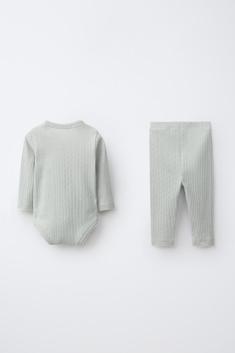 ZARA КОМПЛЕКТ ИЗ БОДИ С ЗАПАХОМ И ЛЕГИНСОВ В АЖУРНЫЙ РУБЧИК, ЦВЕТ МОРСКОЙ ВОЛНЫ