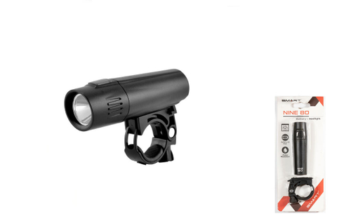Фара SMART NINE 80 передняя, 1 Nichia диод 80 lm, 2 режима, крепеж на руль 22.4-31.8 мм, батарейки в комплекте