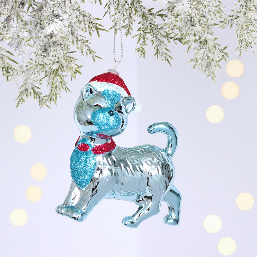 Ёлочная игрушка «Кошка в колпачке» 9*3,5*10 см, Голубой