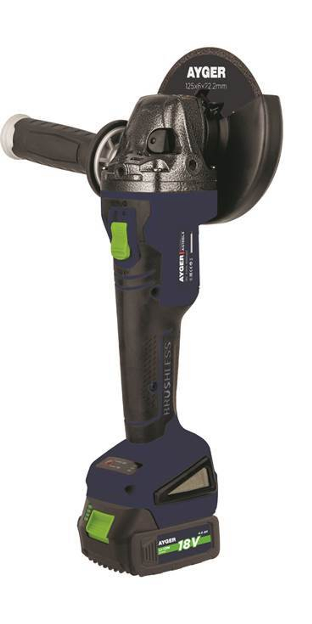 Машина углошлифовальная аккумуляторная AYGER бесщеточная, с двумя аккумуляторами 4Ah AG18BL4