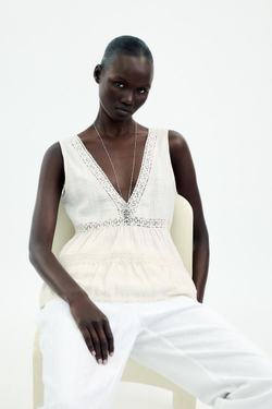 ZARA ТОП В СТИЛЕ РУСТИК С КРУЖЕВОМ, ЭКРЮ