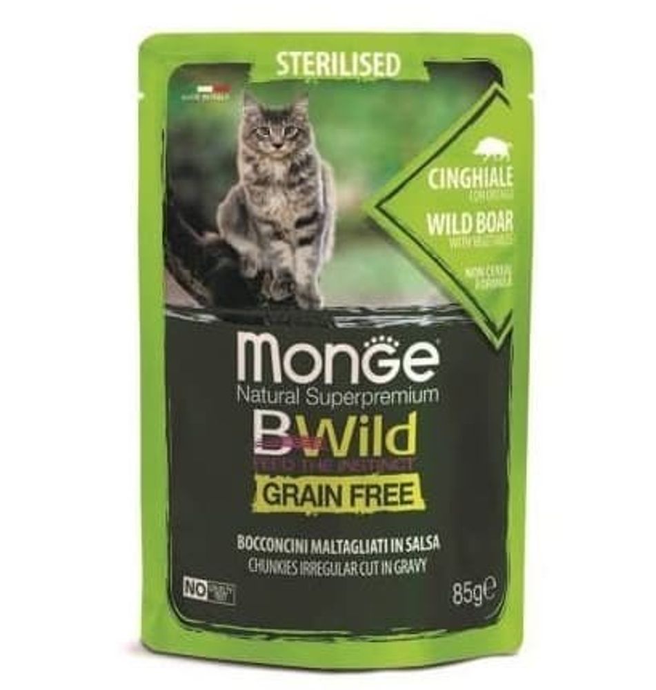 Monge Cat BWild GRAIN FREE паучи из мяса дикого кабана с овощами для стерилизованных кошек 85г