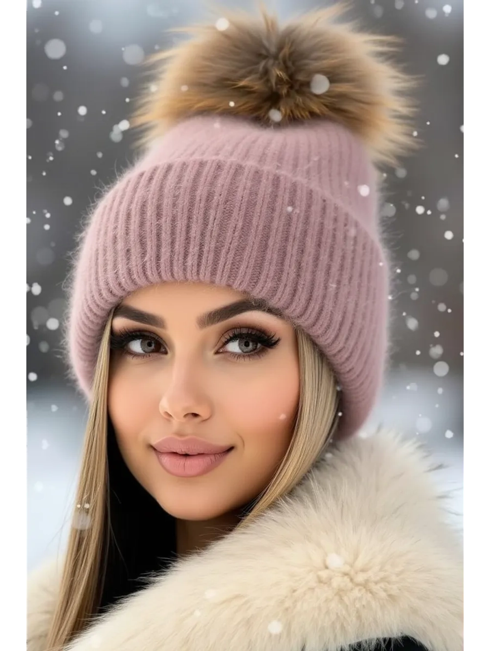 шапка ангора с меховым помпоном зимняя пушистая стильная