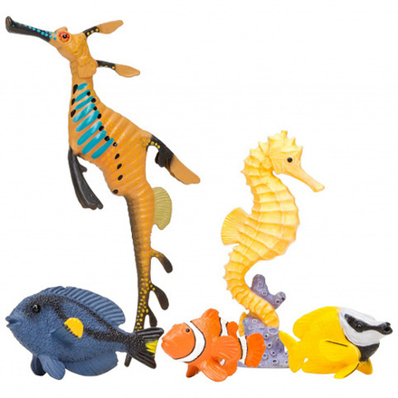 Фигурки игрушки серии "Мир морских животных": Рыбка-клоун, рыба-лиса, рыбка-хирург, морской конек, морской дракон