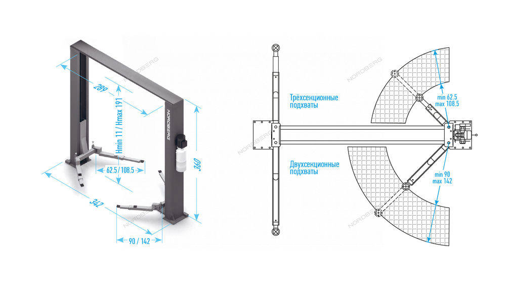 Подъемник двухстоечный 4 т, верхняя синхронизация, H=3,6 м, 220 В, серый NORDBERG N4120H-4G_3+2_220