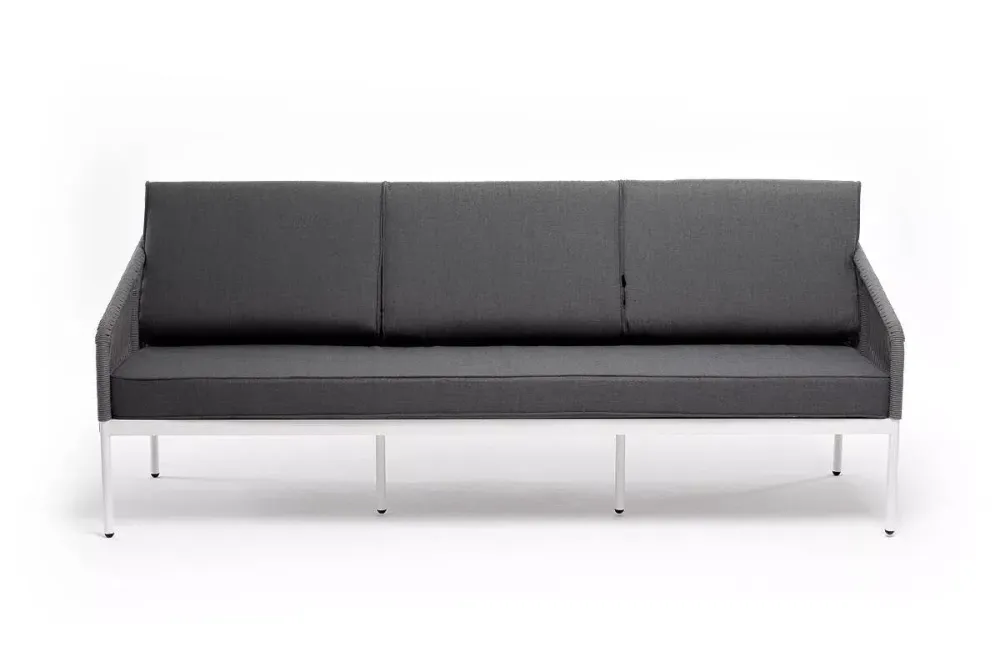 "Канны" диван 3-местный плетеный из роупа, каркас алюминий белый муар, роуп светло-серый круглый, ткань серая 017