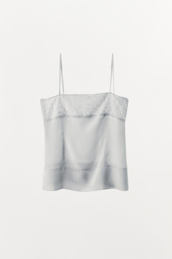 ZARA ТОП ИЗ ЖОРЖЕТА С КРУЖЕВОМ, ГОЛУБОЙ