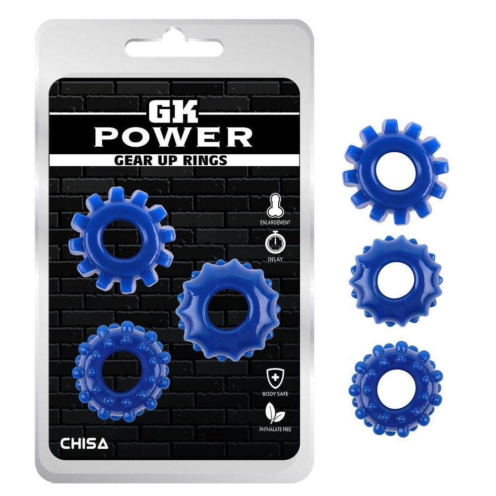 Набор из 3 синих эрекционных колец Gear Up Rings (Цвет: синий)