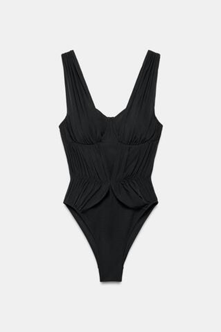 ZARA КУПАЛЬНИК С КОСТОЧКАМИ, ЧЕРНЫЙ