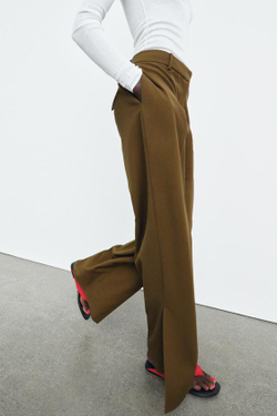 ZARA БРЮКИ ПРЯМОГО КРОЯ С РАЗРЕЗАМИ — ZW COLLECTION, ХАКИ