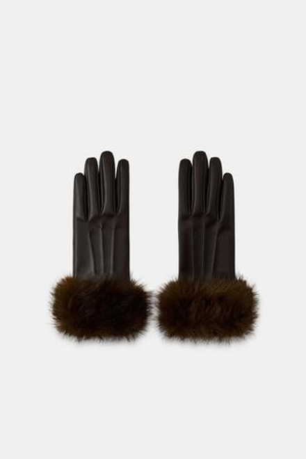 ZARA ПЕРЧАТКИ ИЗ ИСКУССТВЕННОЙ КОЖИ С ИСКУССТВЕННЫМ МЕХОМ, КОРИЧНЕВЫЙ