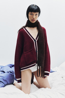 ZARA ТРИКОТАЖНЫЙ ЖАКЕТ С КАНТАМИ, БОРДОВЫЙ