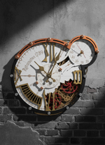 Настенные часы WOODandROOT Automaton 1789 Hermitage с латунными стрелками и детализированным механизмом в полутени