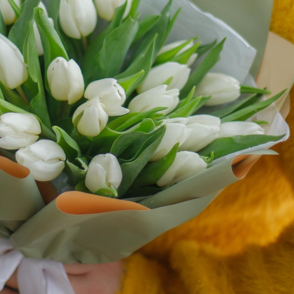Букет из 25 белых тюльпанов в зеленом оформлении