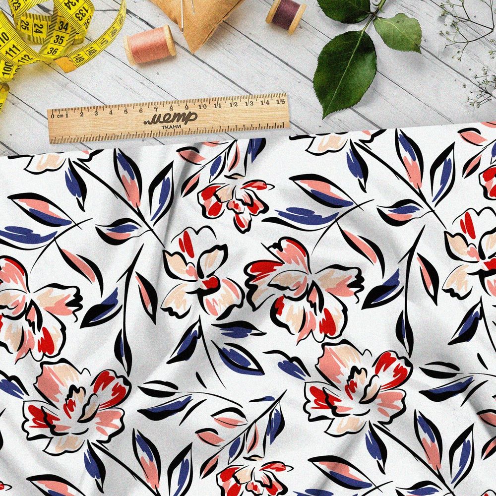 Ткань бифлекс рисованные цветы с чёрным контуром