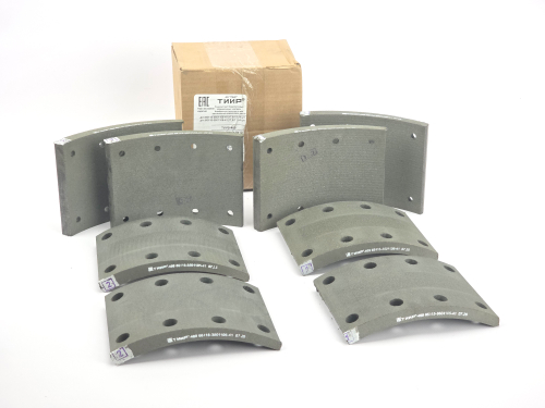 Рем. комплект тормозных накладок а/м КАМАЗ 53212,5511,5320, 65115, 65117, 53215 ЕВРО до 06.2013 г. (материал ТИИР-469, повышенный ресурс и термостойкость ОРИГИНАЛ/ Сверл./расточенные/ без заклёпок/ширина 140мм./ к-т 8 шт. длинные: 65115-3501105-41 толст.+тонк./ доп. арт.: 53212-3501105, 53205-3501105-41, 5511-3501105) АО ТИИР г. Ярославль