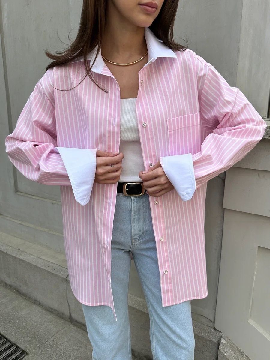 Рубашка из хлопка в полоску розовая