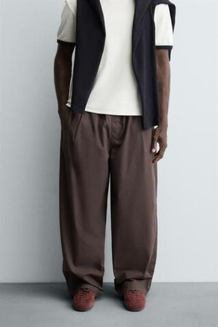 ZARA БРЮКИ BALLOON FIT С ЗАЩИПАМИ, КОРИЧНЕВЫЙ