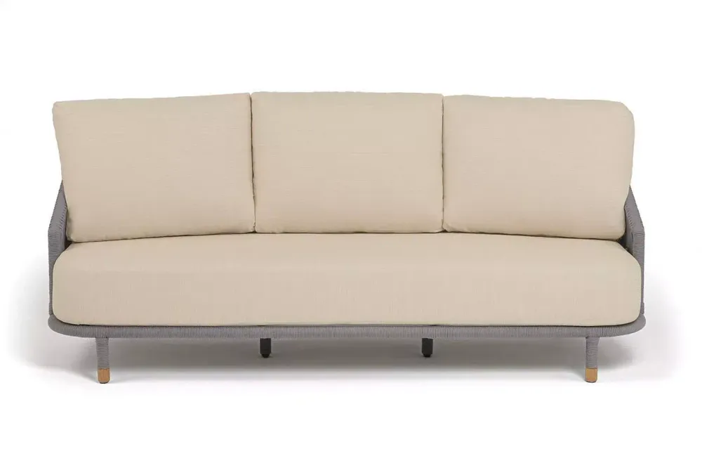 "Верона" диван 3-местный плетеный из роупа, каркас алюминий светло-серый (RAL7035) муар, роуп светло-серый круглый, ткань Mossle светло-бежевая