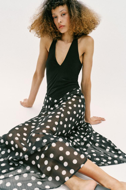 ZARA ПЛАТЬЕ В ГОРОШЕК КОМБИНИРОВАННОЕ, ЧЕРНЫЙ