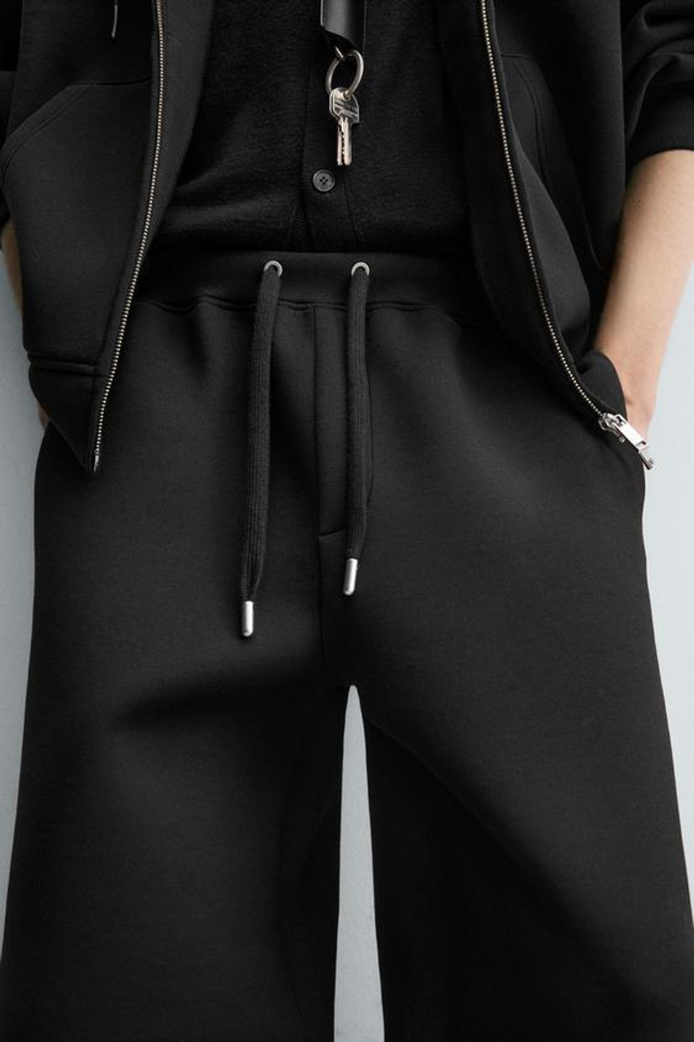 ZARA БРЮКИ INTERLOCK WIDE FIT, ЧЕРНЫЙ