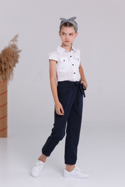 Брюки детские для девочки синие темно-синие школьные классика классические демисезонные прямые на резинке с поясом бананы