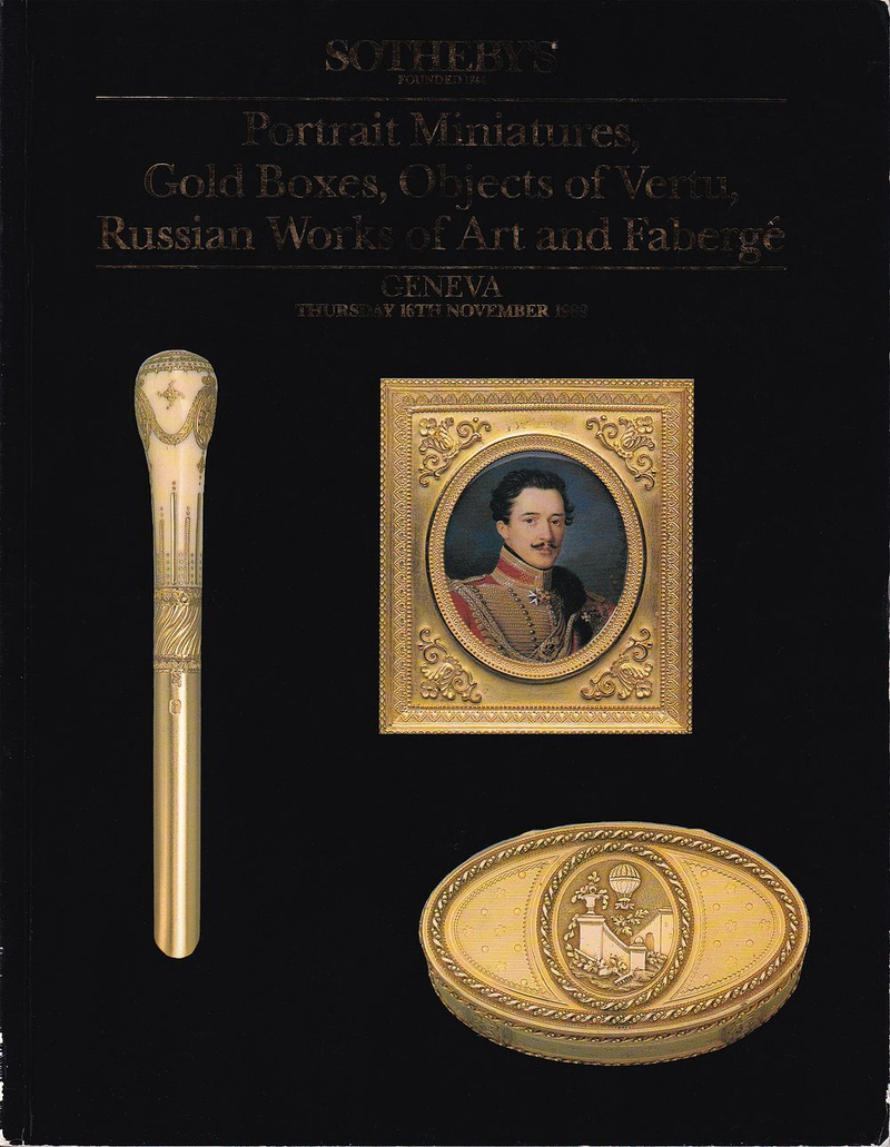 Каталог аукциона Sotheby's, Женева, Портретные миниатюры, золотые табакерки, предметы роскоши русское декоративно-прикладное искусство и Фаберже, предметы роскоши и серебро от 16 ноября 1989 года