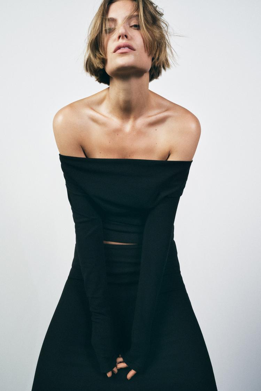 ZARA ТОП АСИММЕТРИЧНОГО КРОЯ ИЗ МЯГКОГО ИНТЕРЛОКА, ЧЕРНЫЙ