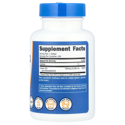Nutricost, Витамин D3, 125 мкг (5000 МЕ), 240 мягких таблеток