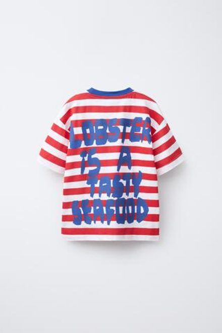 ZARA ФУТБОЛКА В ПОЛОСКУ С ПРИНТОМ, КРАСНЫЙ